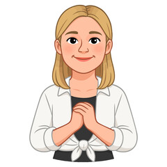 Young woman smiling with hands clasped in front