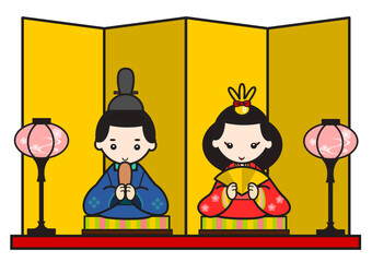 桃の節句 ひな祭りのイラスト 屏風の前のお雛様とお内裏様
