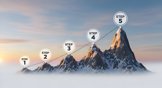 Five steps to success represented by a progression of mountains with numbered markers against a sunrise sky.