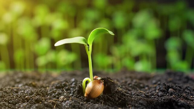 Mesmerizing time-lapse video: tiny brown seed in rich dark soil sprouts into a vibrant emerald green plant with creamy bokeh. Golden hour sunlight, concept of natural progress and evolution