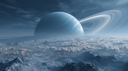 Ringed planet above icy mountains and clouds. Sci‑fi space landscape with huge Saturn-like planet and rings over frozen terrain, blue tones, astronomy concept, no people.