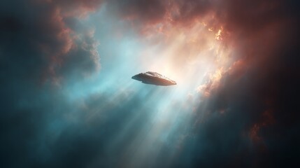 Fototapeta premium UFO flying through dramatic clouds with sun rays. Sci-fi spaceship silhouette in stormy sky, light beams and mist, space mystery concept.