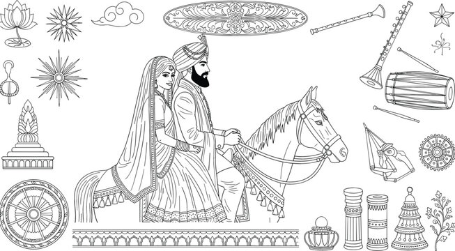 Detailed line art vector set featuring a North Indian wedding couple on a horse with traditional ceremonial elements.