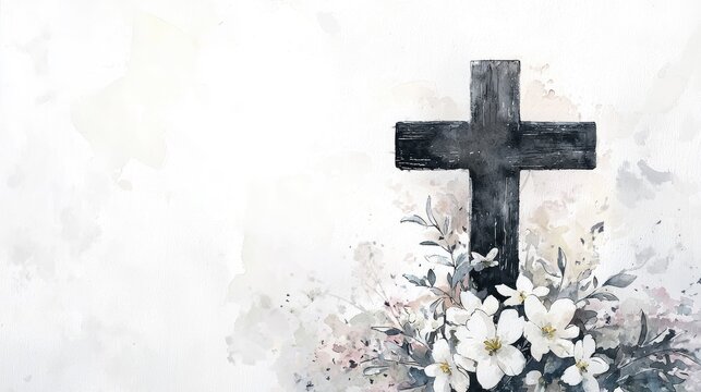 Black Cross with White Flowers in Soft Watercolor Style