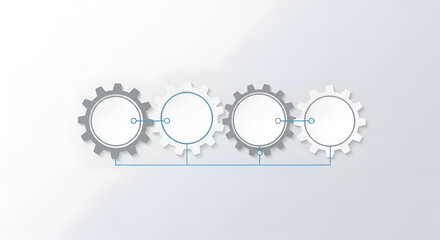 Four interconnected gears with blank circular spaces for text or images representing a process workflow or connected ideas on a clean white background
