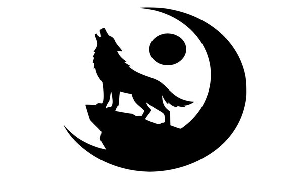 Howling Wolf Moon Logo, Black Wolf on Crescent Moon Yin Yang, Mystical Night Predator Emblem Vector