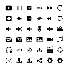 Digital media icons set, black flat silhouettes, clean vector illustration, white background