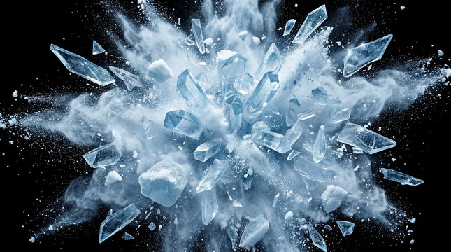Abstract blue ice crystal explosion with shattering glass shards and snow powder isolated on black background.
