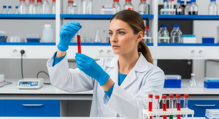 Caucasian woman scientist analyzing red liquid in glass test tube at laboratory bench, scientific precision and medical research