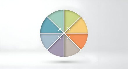 Fototapeta premium A vibrant abstract oval shape divided into eight colorful triangular segments representing data visualization pie charts or creative concepts on a clean white background with subtle shadow