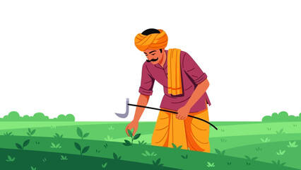An Indian farmer in traditional clothing is working in a lush green field with an agricultural tool, depicted in a colorful vector illustration with a serene rural mood.