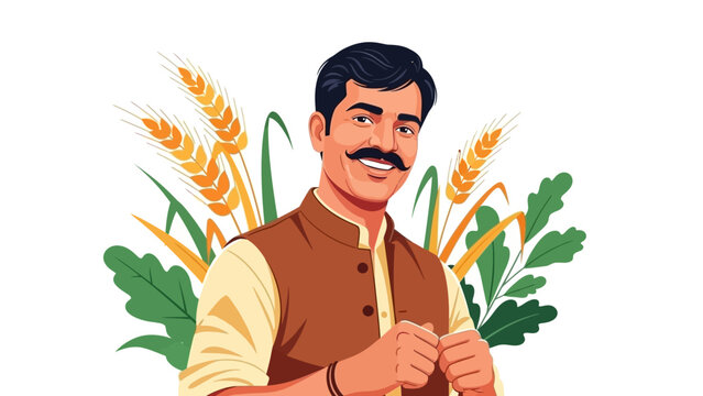 Illustration of an Indian farmer character with wheat and leaves on a white background, conveying agriculture and farming.
