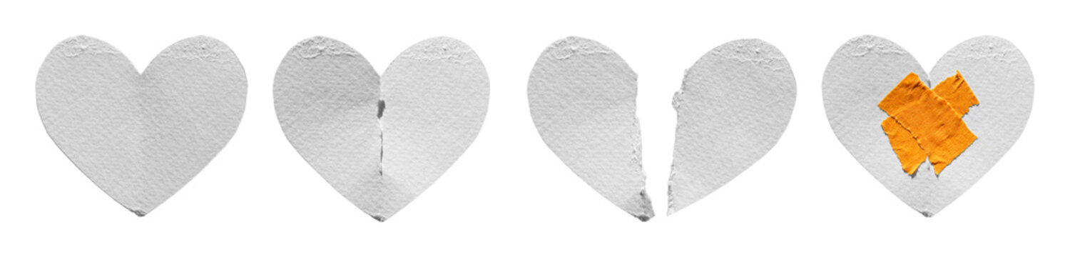 Set of white paper heart shapes showing whole, broken, split, and repaired stages, isolated on transparent background, PNG.