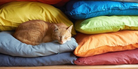 Ginger cat sleeping on vibrant multicolored pillows in cozy setting