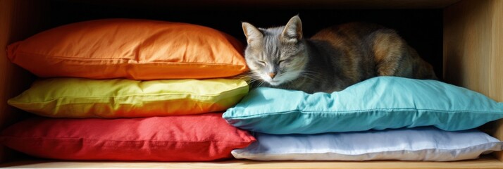 Gray cat sleeping on colorful pillows in a wooden shelf