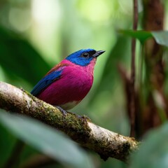 Obraz premium Vibrant tropical bird perched on branch in lush forest setting