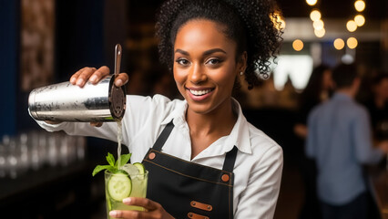 African-American woman bartender pouring cucumber mint cocktail in bar, hospitality service and vibrant social environment