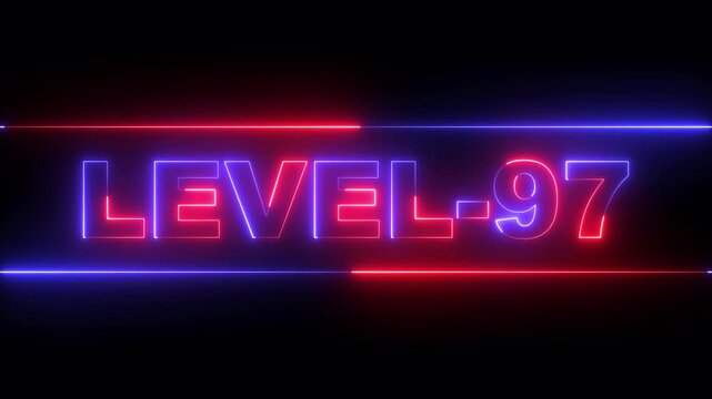 glowing neon Level-97 text inside a horizontal banner on black background. level 97 text icon animation. Neon level up sign. neon next Level text. Game concept next level. 4k video animation.