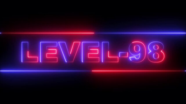 glowing neon Level-98 text inside a horizontal banner on black background. level 98 text icon animation. Neon level up sign. neon next Level text. Game concept next level. 4k video animation.