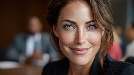 Beautiful Professional Woman with Freckles and Blue Eyes Smiling