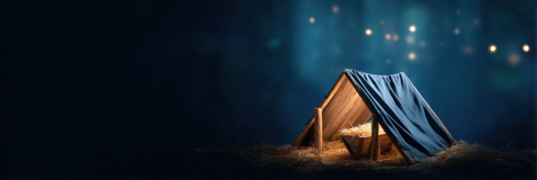 Serene night scene with empty manger and soft glowing lights