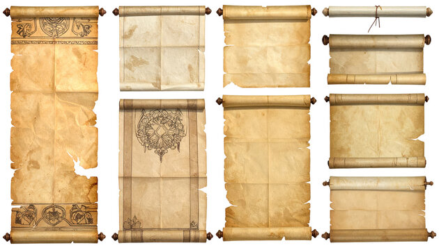 Ancient Scrolls Collection: A meticulously curated assembly of aged scrolls, each bearing the marks of history, is arranged, their textures and designs revealing stories of the past.