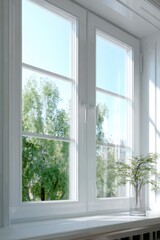 Fototapeta premium Sunlit white window frame overlooking green trees and potted plant