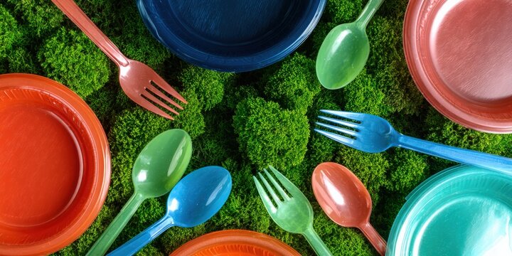 Colorful plastic cutlery and plates arranged on mossy surface in vibrant display