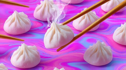 Delicious Steamed Dumplings on Vibrant Abstract Pink Background
