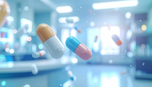 Abstract blurred background featuring blue digital bokeh and bright motion blur lights symbolizing modern technology, medical science, and laboratory research for business healthcare