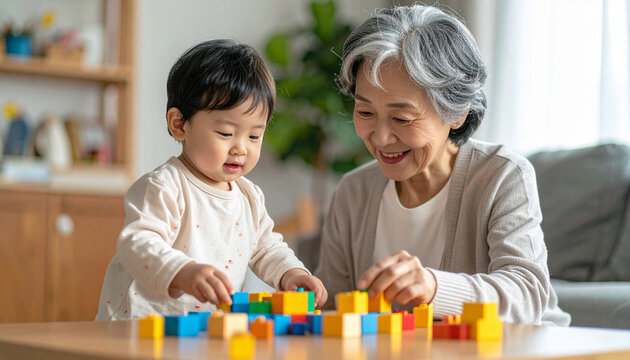 積み木で遊ぶ孫とおばあちゃん