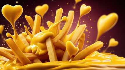 Delicious Crispy French Fries with Heart-Shaped Melted Cheese Sauce