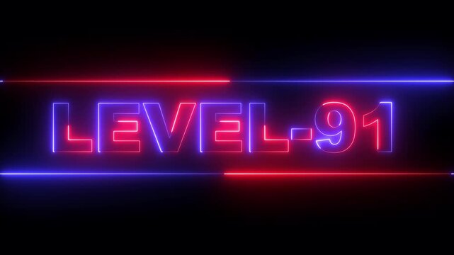 glowing neon Level-91 text inside a horizontal banner on black background. level 91 text icon animation. Neon level up sign. neon next Level text. Game concept next level. 4k video animation.