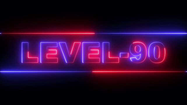 glowing neon Level-90 text inside a horizontal banner on black background. level 90 text icon animation. Neon level up sign. neon next Level text. Game concept next level. 4k video animation.