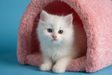 Fluffy white kitten relaxing in pink fuzzy cat cave on blue background