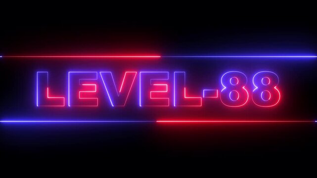 glowing neon Level-88 text inside a horizontal banner on black background. level 88 text icon animation. Neon level up sign. neon next Level text. Game concept next level. 4k video animation.