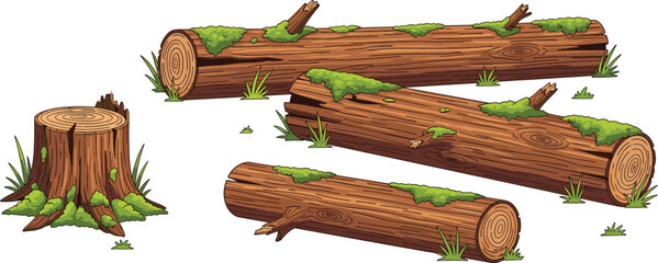Forest wooden logs and tree stump illustration, moss covered fallen trunks, natural woodland elements set, cartoon nature environment vector design ©  Alexander Creations