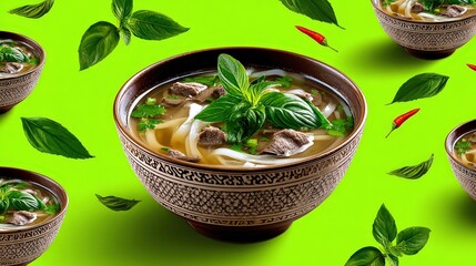 Delicious Beef Noodle Soup with Fresh Basil and Chili Peppers