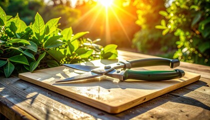 Metal gardening scissors sit on wooden board surrounded by lush green foliage during golden hour with bright lens flare
