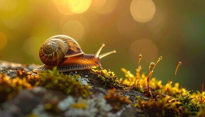 Small brown snail crawling over green moss and wet rocks during a golden hour sunset with beautiful bokeh light