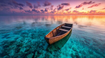 Fototapeta premium Serene Wooden Boat Floating on Crystal Clear Tropical Ocean Water During a Vibrant Pink and Orange Sunset Sky with Beautiful Reef Reflections