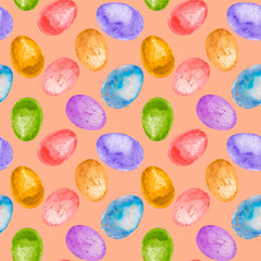 Fototapeta premium Colored watercolor Easter eggs. Easter seamless pattern, watercolor hand drawn illustration. Texture for fabric, wrapping, wallpaper, print