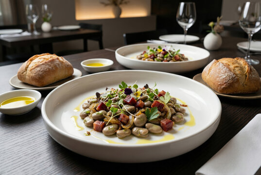 Presentaci&oacute;n de alta cocina de habas con jam&oacute;n decoradas con brotes y flores comestibles servidas en mesa de restaurante con pan artesano