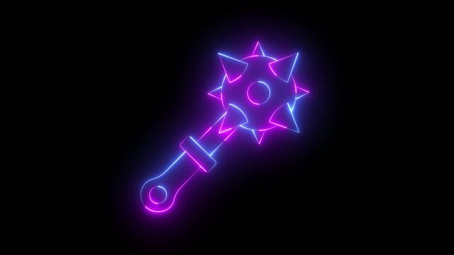 Glowing neon Medieval chained mace ball icon isolated on black background. Medieval weapon icon animation. Morgenstern medieval weapon or mace with spikes. 4k video animation.