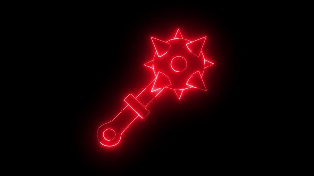 Glowing neon Medieval chained mace ball icon isolated on black background. Medieval weapon icon animation. Morgenstern medieval weapon or mace with spikes. 4k video animation.