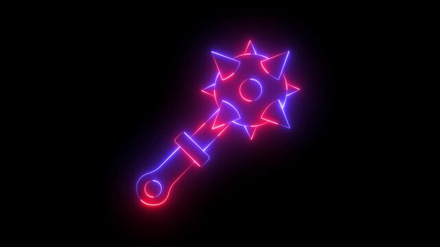 Glowing neon Medieval chained mace ball icon isolated on black background. Medieval weapon icon animation. Morgenstern medieval weapon or mace with spikes. 4k video animation.