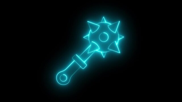 Glowing neon Medieval chained mace ball icon isolated on black background. Medieval weapon icon animation. Morgenstern medieval weapon or mace with spikes. 4k video animation.