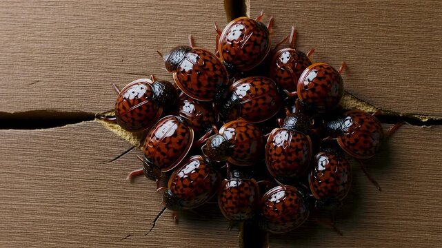 Macro shot of bedbugs hiding in furniture crack with aggregation pheromones causing detailed cluster and gross texture realism