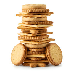Tall stack of assorted rectangular and circular sweet biscuits and crackers forms a towering food arrangement against white.
