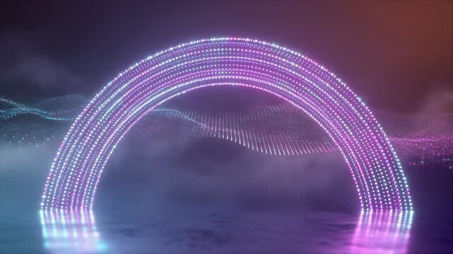 Futuristic neon arch glows brightly over a serene, misty landscape at dusk, viewed from a slight elevation